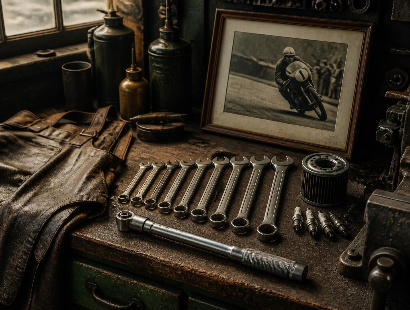 Workshop bench with motorcycle tools