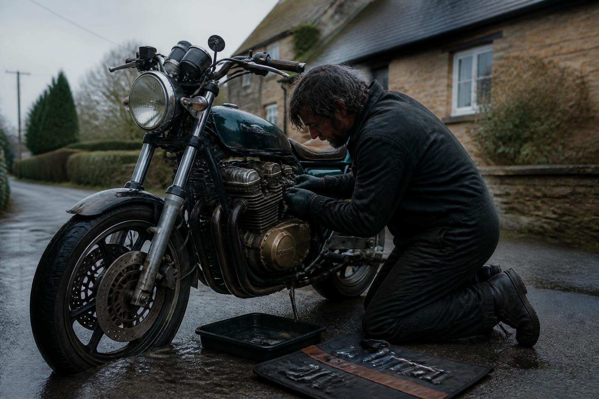 Motorcycle being serviced on a driveway in Dorset
